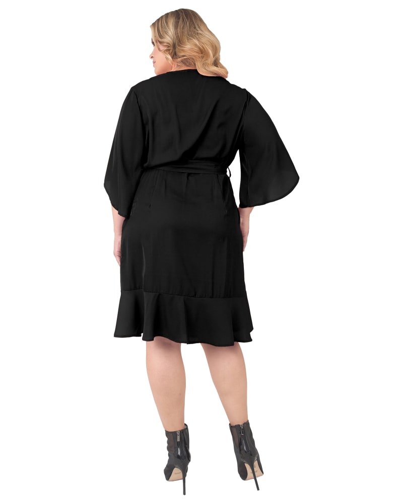 Back of a model wearing a size 1X Delilah Kimono Sleeve Ruffle Wrap Dress in Black by Standards & Practices. | dia_product_style_image_id:275938